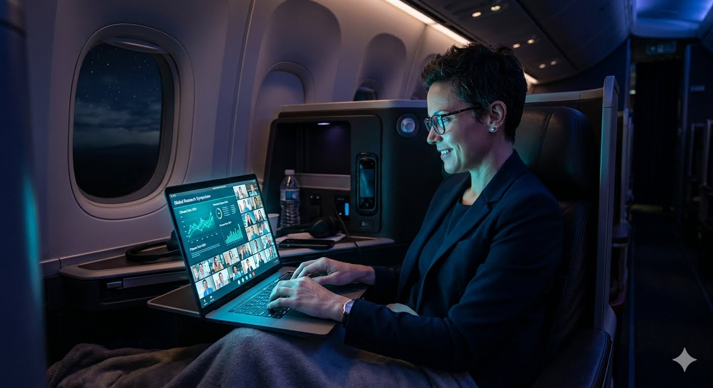 Professor reviewing a conference panel from an airplane seat at night