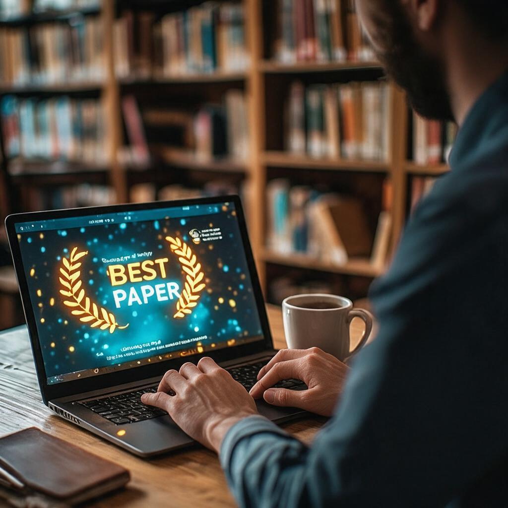 Celebratory best paper award notification on a laptop screen