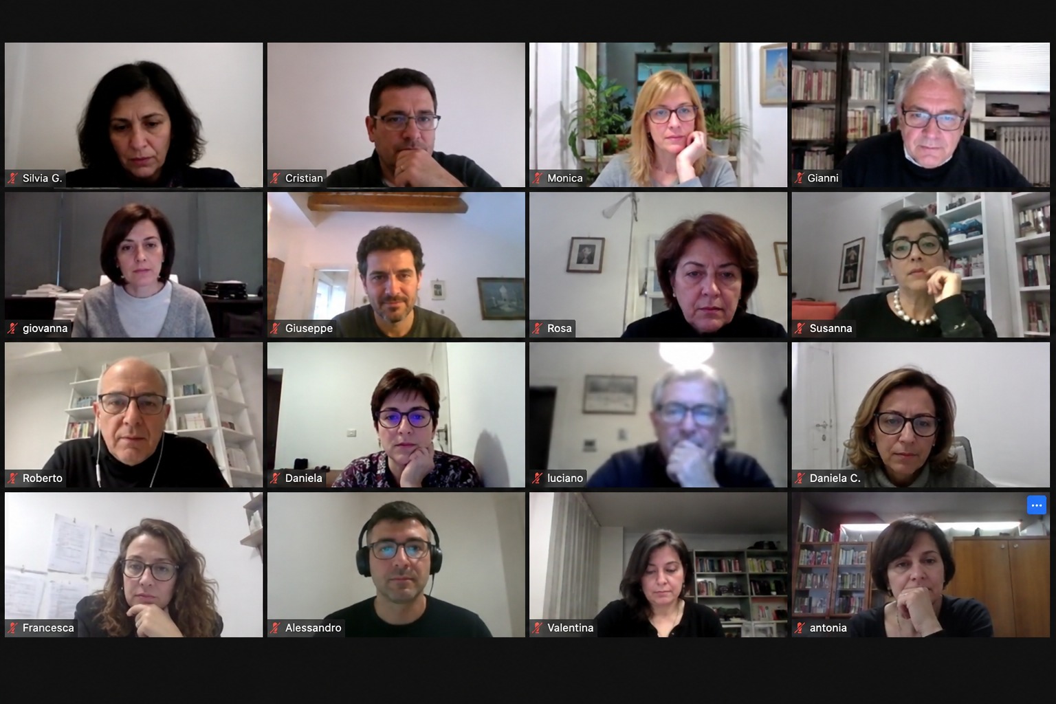 Sixteen conference participants together on a live video call panel